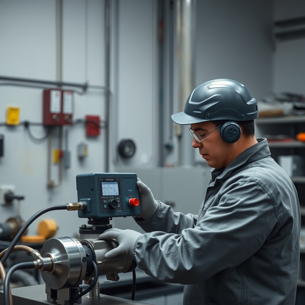 <A photorealistic photo of a technician performing hydrostatic test on a Koçtaş 6 kg tozlu