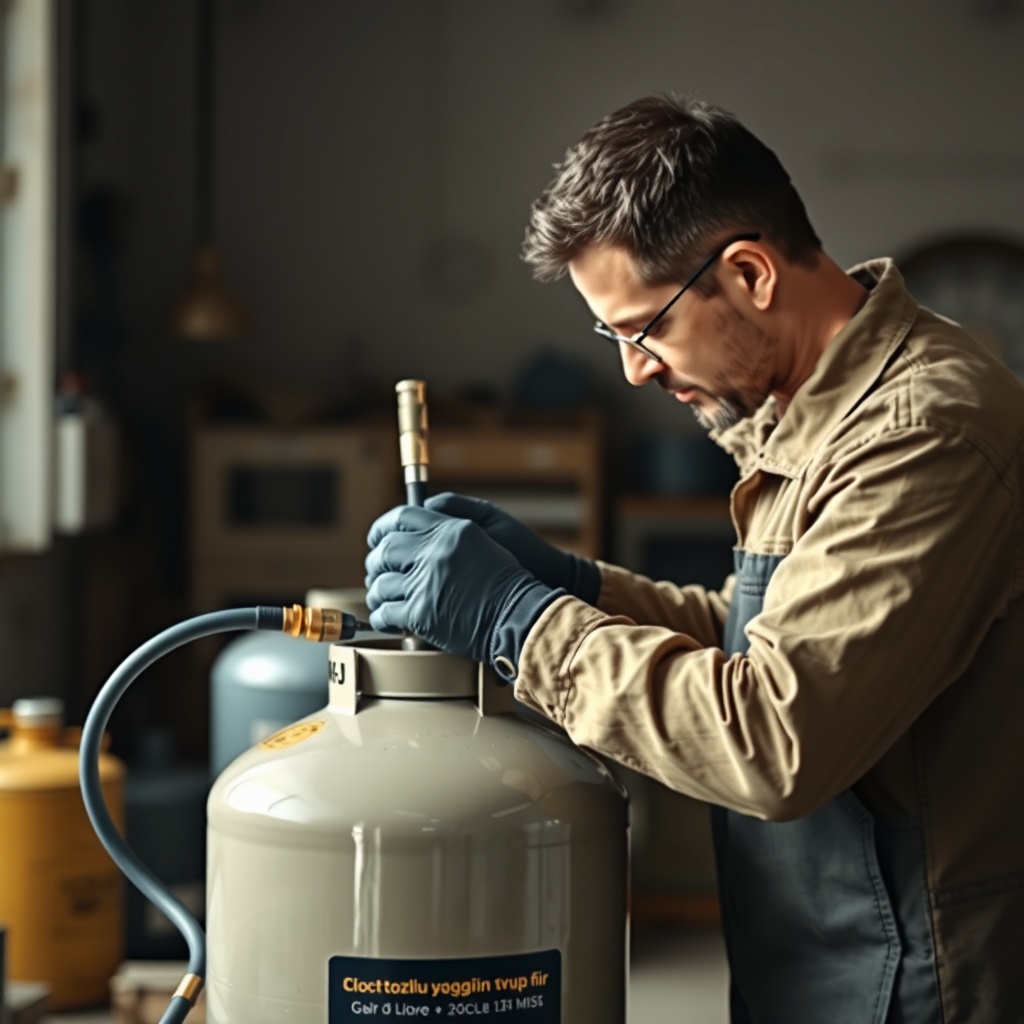 <clean photorealistic photo of a technician filling a Koçtaş 6 kg tozlu yangın tüpü with c