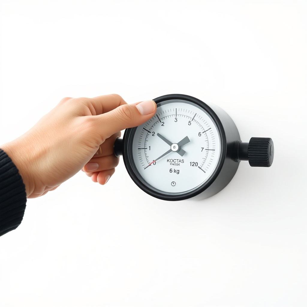 <clean photorealistic photo of a hand checking the pressure gauge of a Koçtaş 6 kg tozlu y