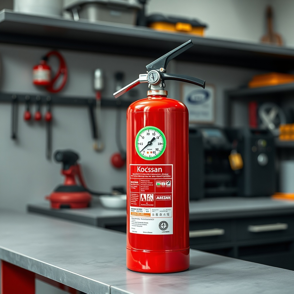 A photorealistic photo of a Koçsan 6 kg dry powder fire extinguisher with the pressure gau