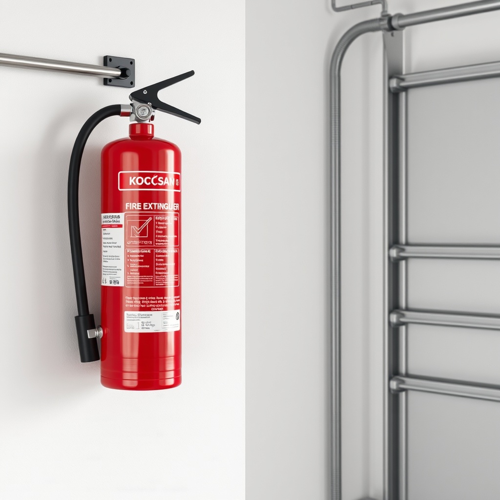 A photorealistic photo of a Koçsan fire extinguisher mounted on a wall in a clean garage
