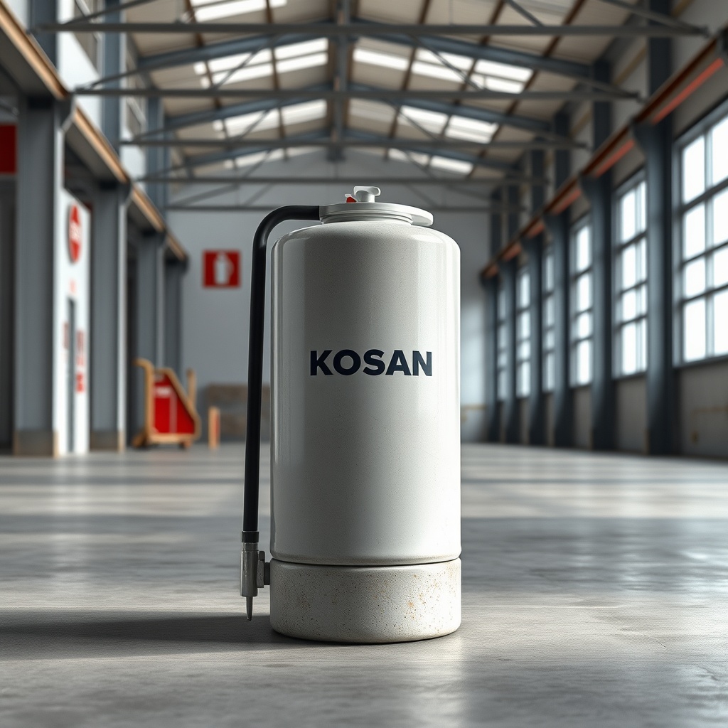 <A photorealistic photo of a Koçsan 6 kg kuru tozlu yangın tüpü standing upright on a conc