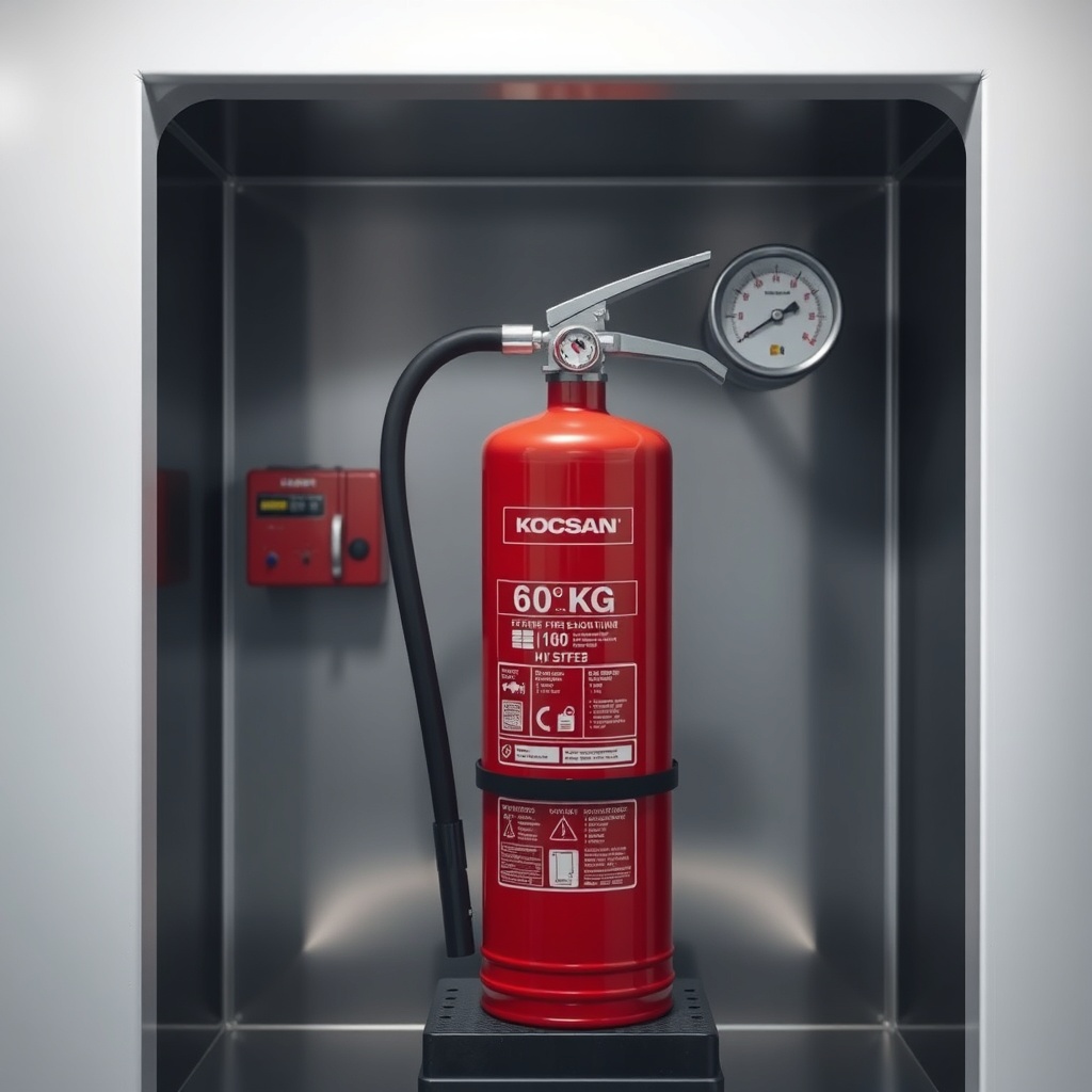 A clean photorealistic photo of a Koçsan 6 kg fire extinguisher undergoing a hydrostatic p