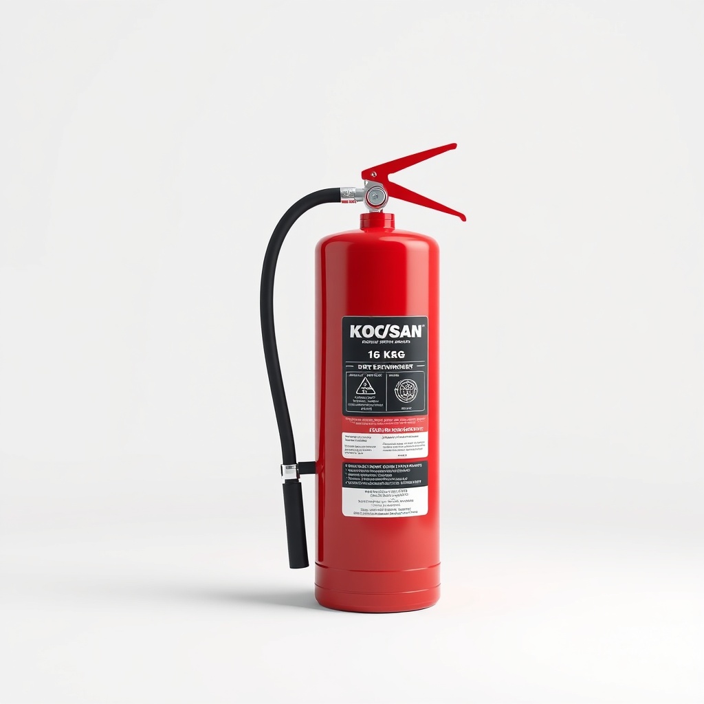 A clean photorealistic photo of a Koçsan 6 kg dry powder fire extinguisher standing uprigh