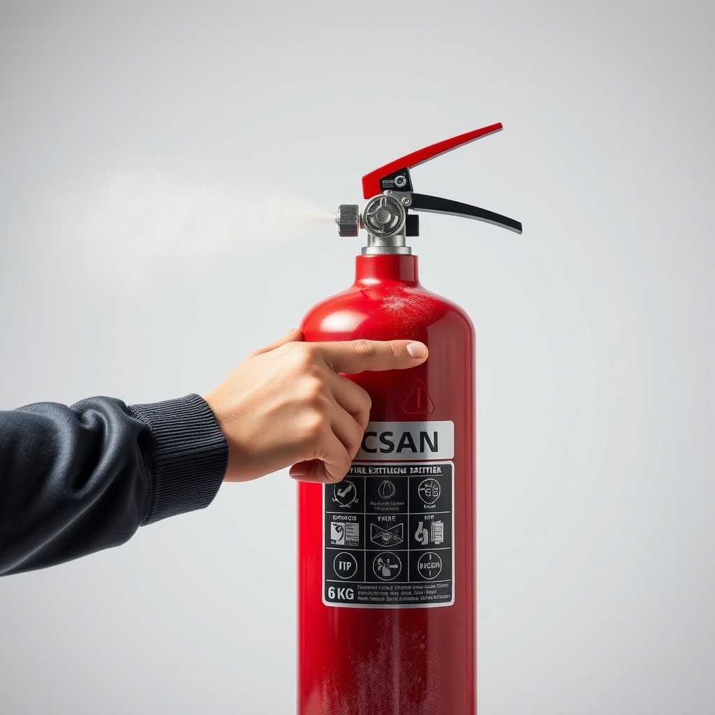 A realistic photo showing a hand pressing the lever of a Koçsan 6 kg fire extinguisher dur