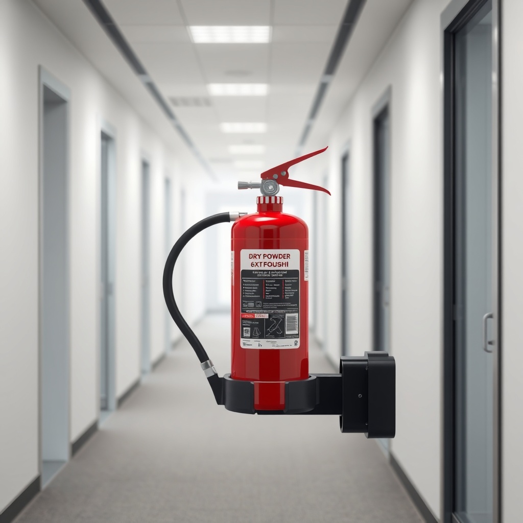 <clean photorealistic photo of a Koçsan 6 kg dry powder fire extinguisher placed on a wall