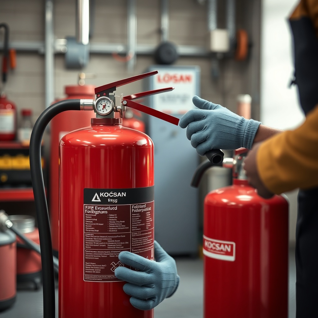 <clean photorealistic photo of a technician refilling a Koçsan 6 kg fire extinguisher in a