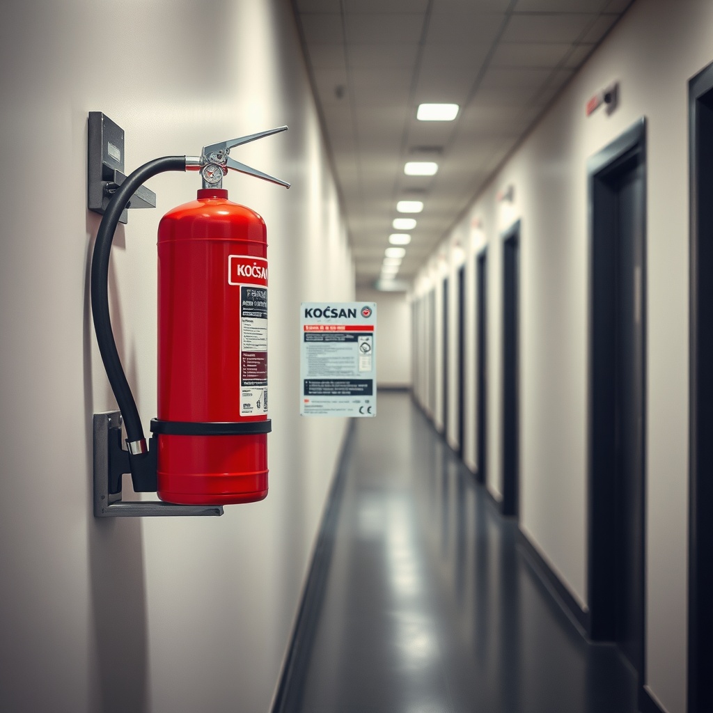 <photorealistic photo of a Koçsan 6 kg dry powder fire extinguisher placed on a wall brack