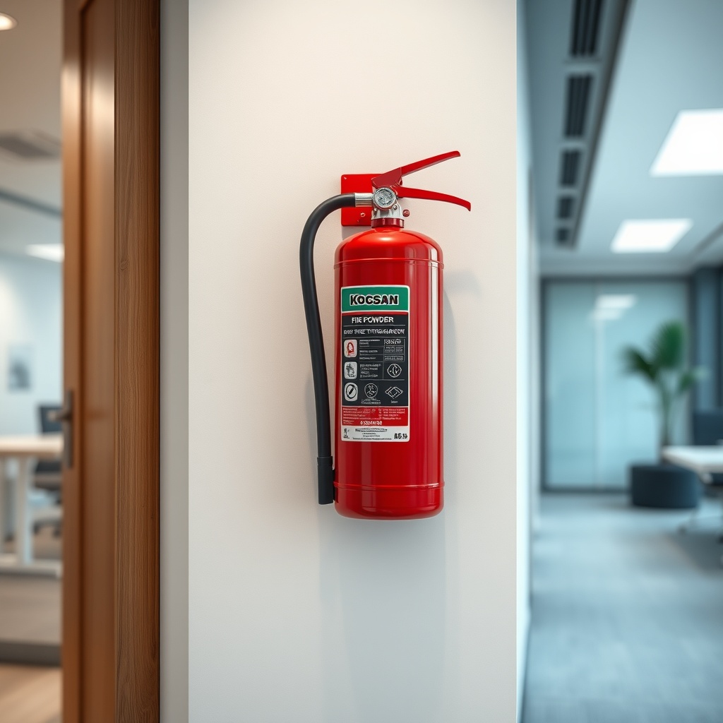A photorealistic photo of a Koçsan 6 kg dry powder fire extinguisher mounted on a wall in
