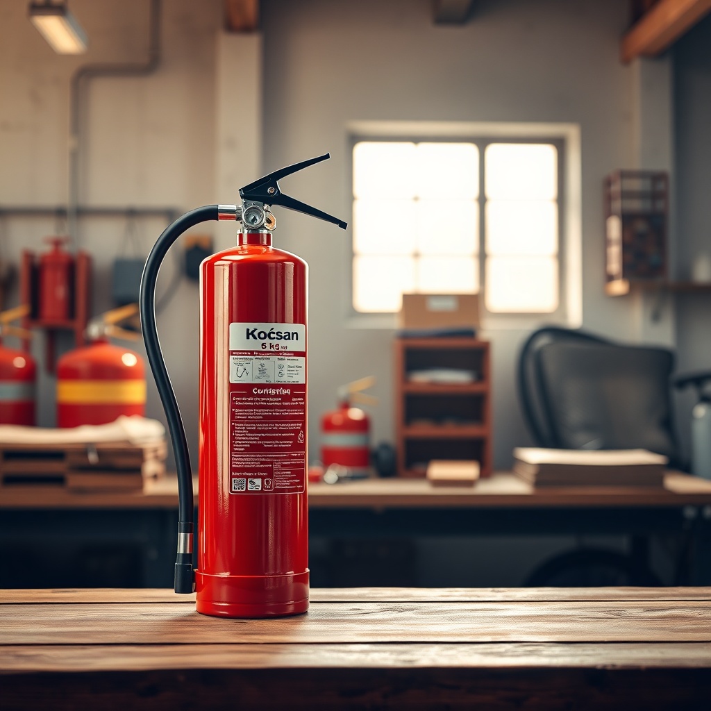 A photorealistic image of a Koçsan 6 kg fire extinguisher placed on a wooden table in a wo