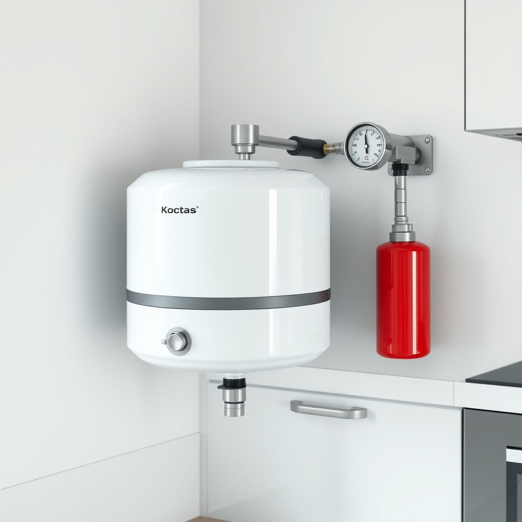 A clean photorealistic photo of a Koçtaş 6 kg Tozlu Yangın Tüpü mounted on a wall bracket