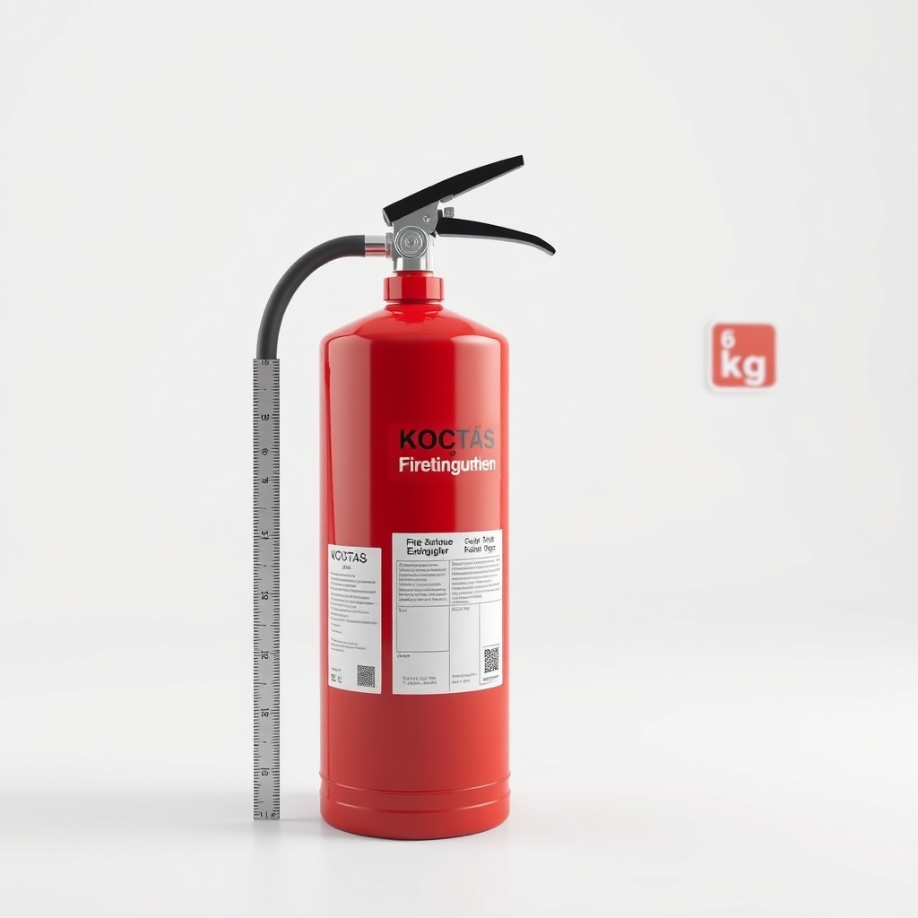 A clean photorealistic studio photo of a Koçtaş-branded red fire extinguisher with a white