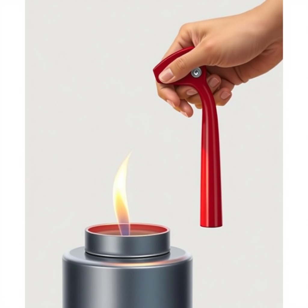 A photorealistic illustration of a hand pulling the safety pin of a red fire extinguisher