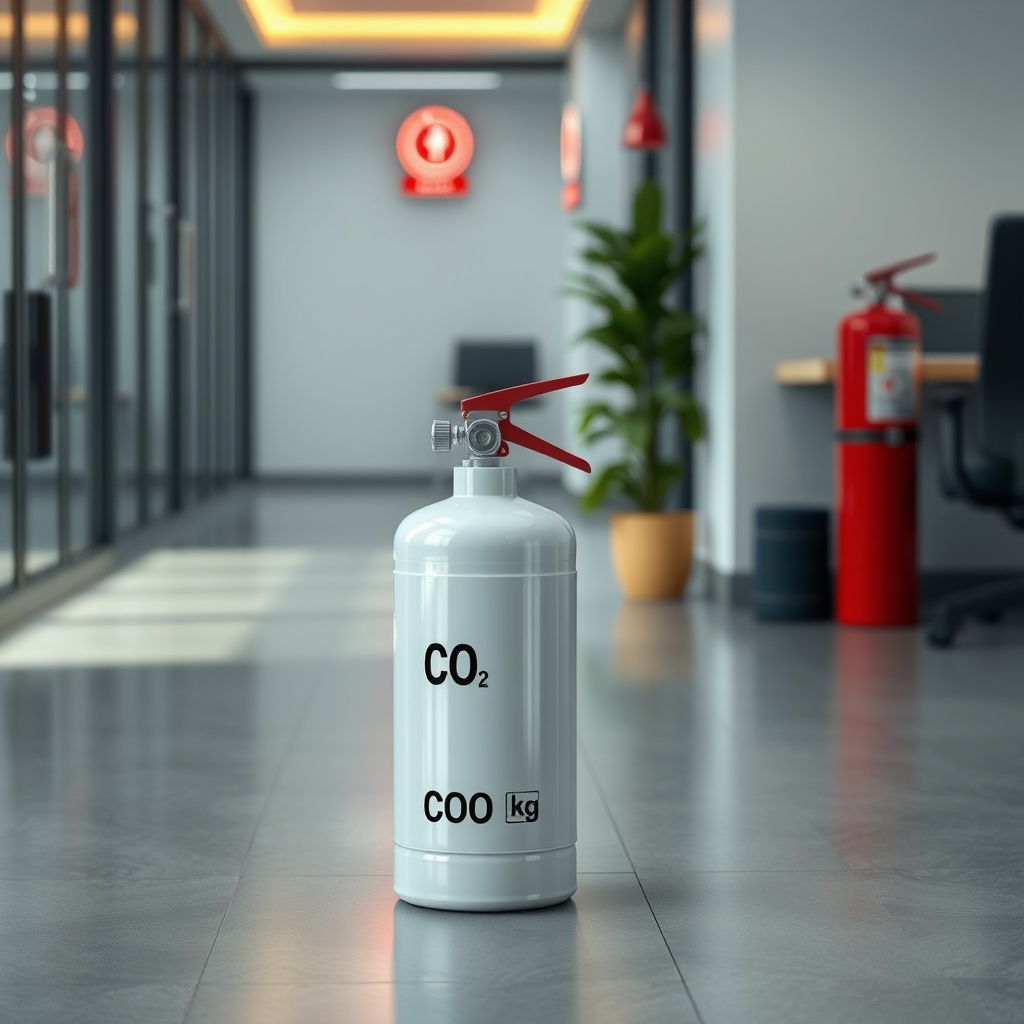 A clean photorealistic photo of a Küçükçalık 2 kg CO2 yangın tüpü sitting on the floor of