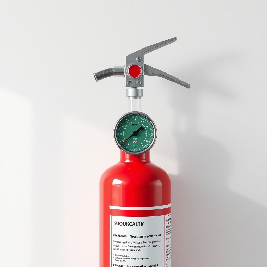 A photorealistic photo showing a Küçükçalık 2 kg CO2 fire extinguisher with a pressure gau