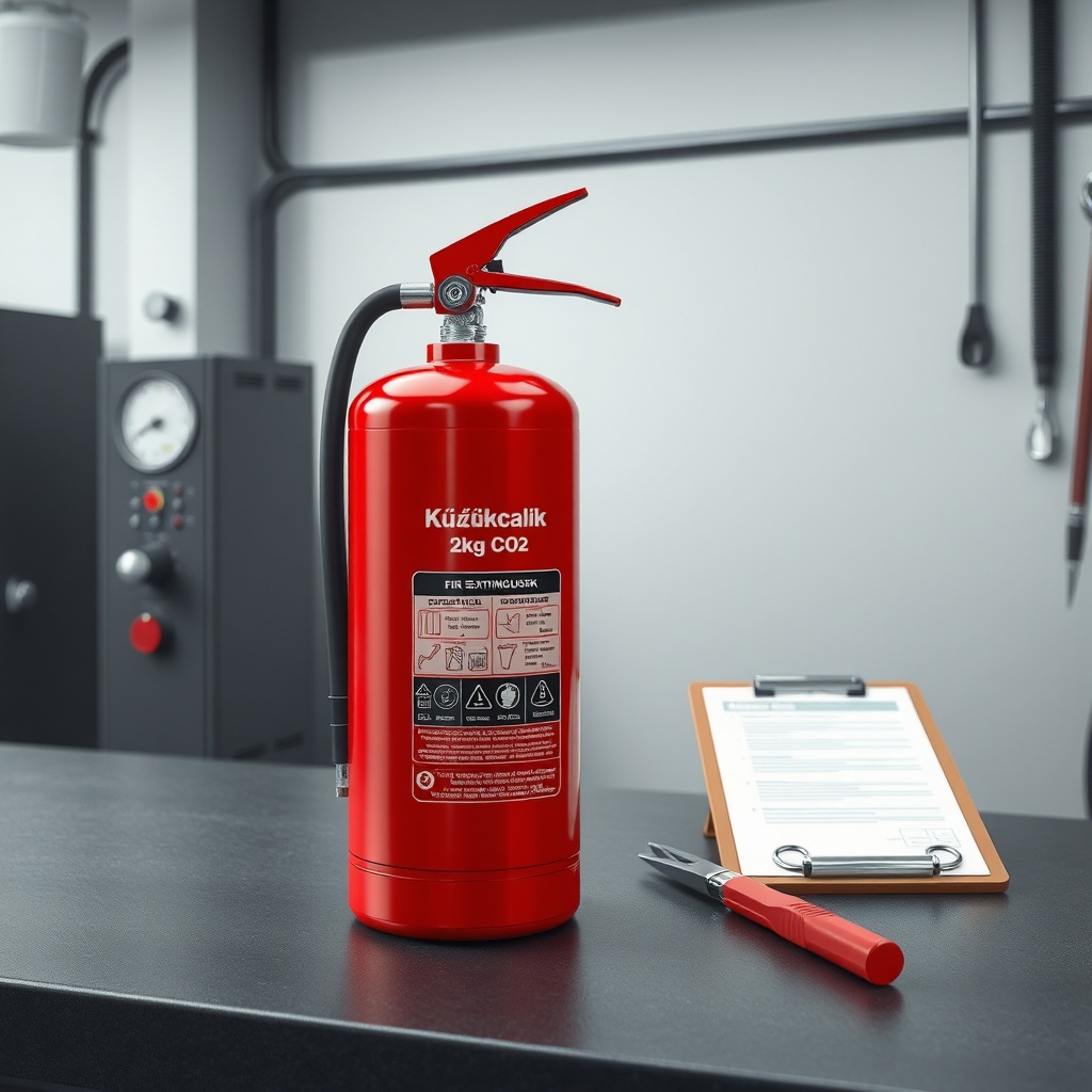 A clean photorealistic illustration of Küçükçalık 2 kg CO2 fire extinguisher on a workshop