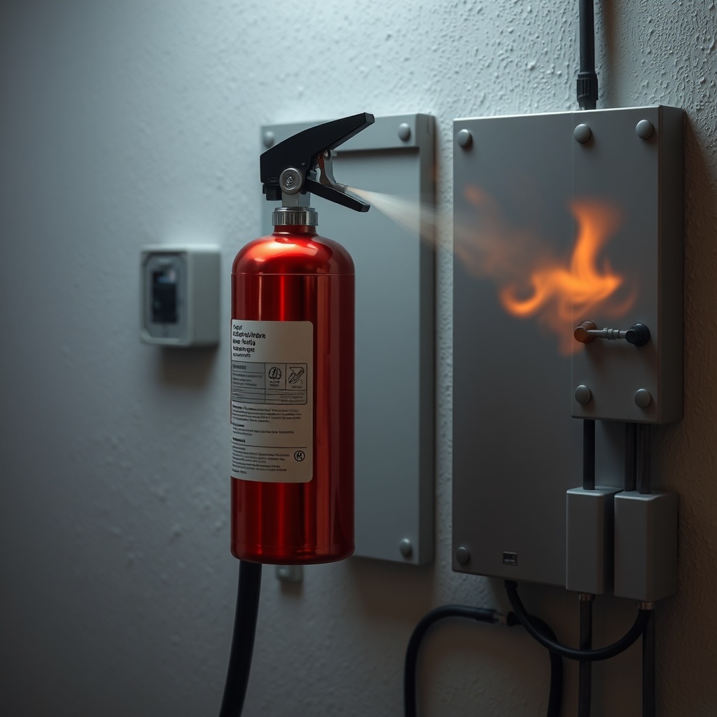 <clean photorealistic photo of a Küçükçalık 2 kg CO2 yangın tüpü being used on an electric