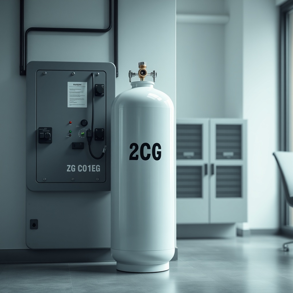 <clean photorealistic photo/illustration of a Küçükçalık 2 kg CO2 tüpü in an office enviro