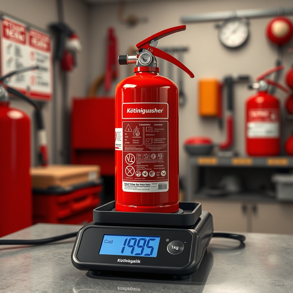 Photorealistic close-up of a Küçükçalık 2 kg CO2 fire extinguisher placed on a digital sca