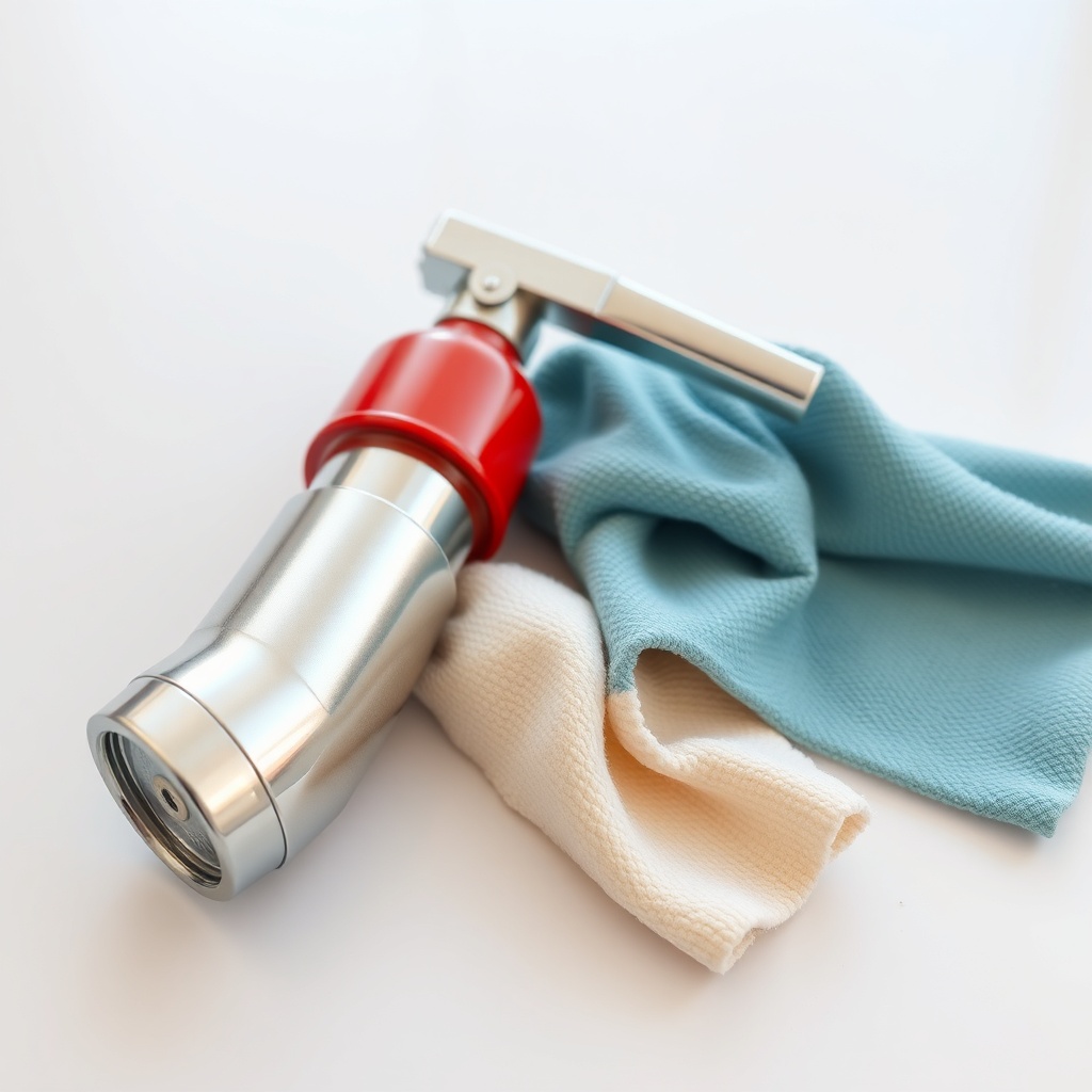 Photorealistic image of a clean Küçükçalık 2 kg CO2 fire extinguisher hose and nozzle on a
