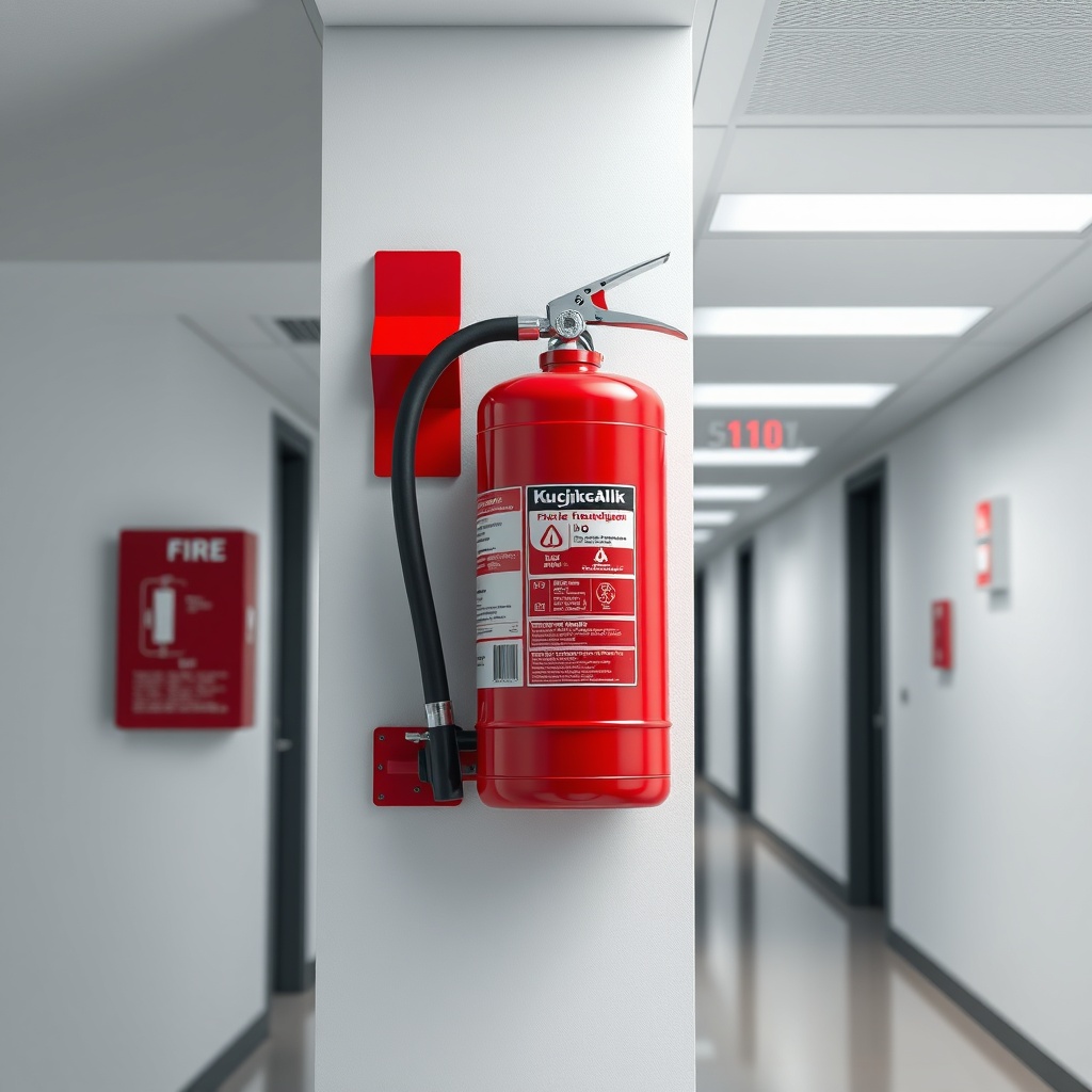 A photorealistic image of a Küçükçalık 6 kg powder fire extinguisher mounted on a red brac