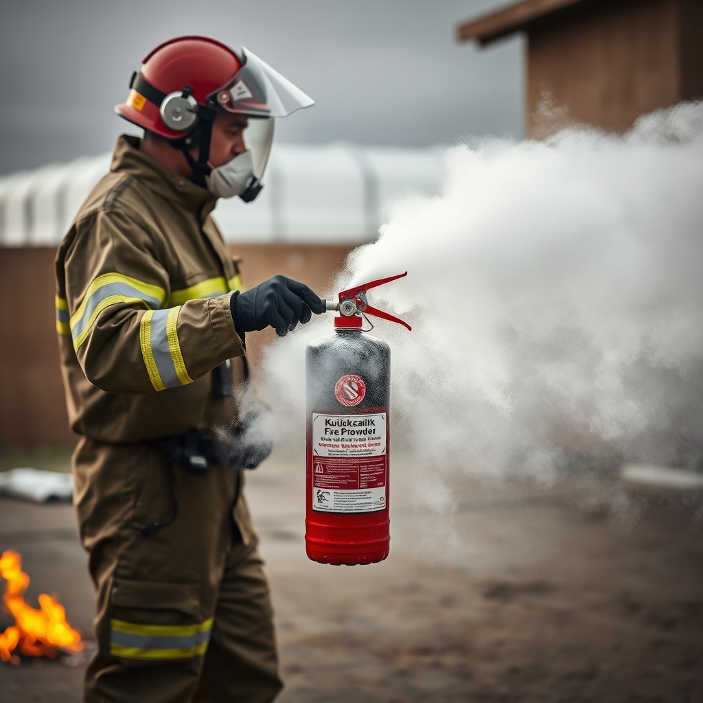 A photorealistic photo of a Küçükçalık 6 kg powder fire extinguisher being used by a perso