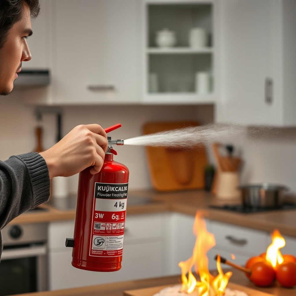 A clean photorealistic photo of a person holding a Küçükçalık 6 kg powder fire extinguishe