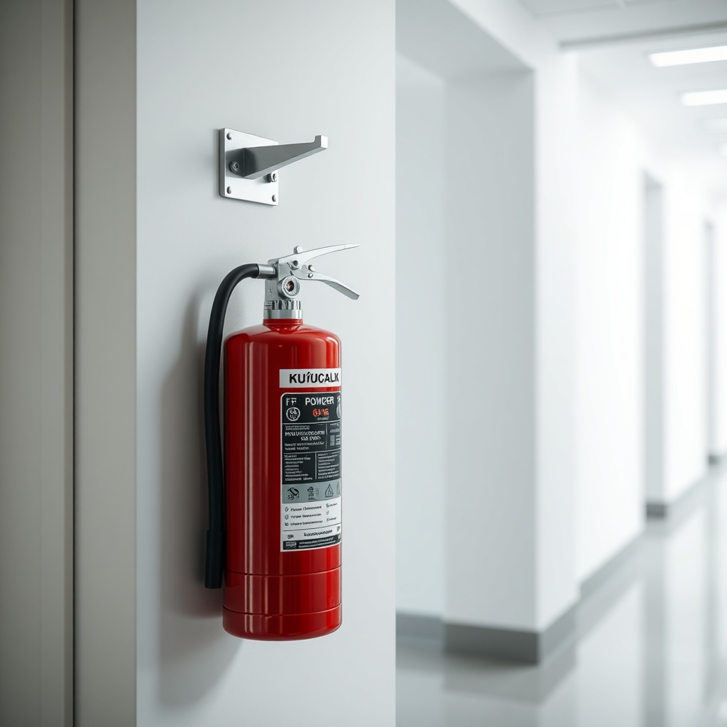 A clean photorealistic photo of a Küçükçalık 6 kg powder fire extinguisher mounted on a wh